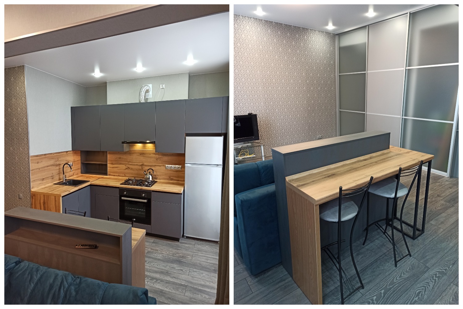 Зонирование кухни-гостиной в скандинавском стиле с помощью разноуровневой барной стойки