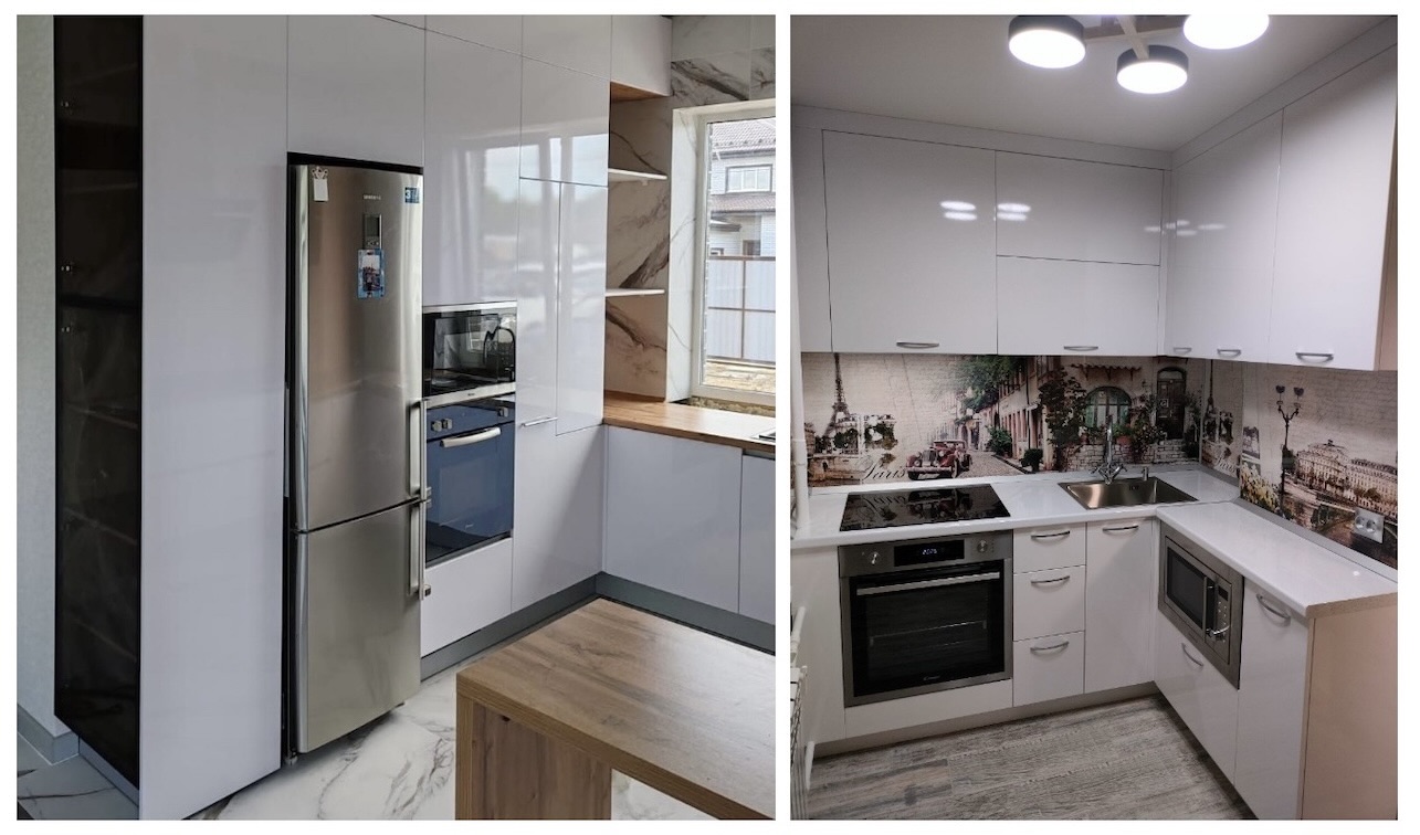 Глянцевые фасады на светлой кухне