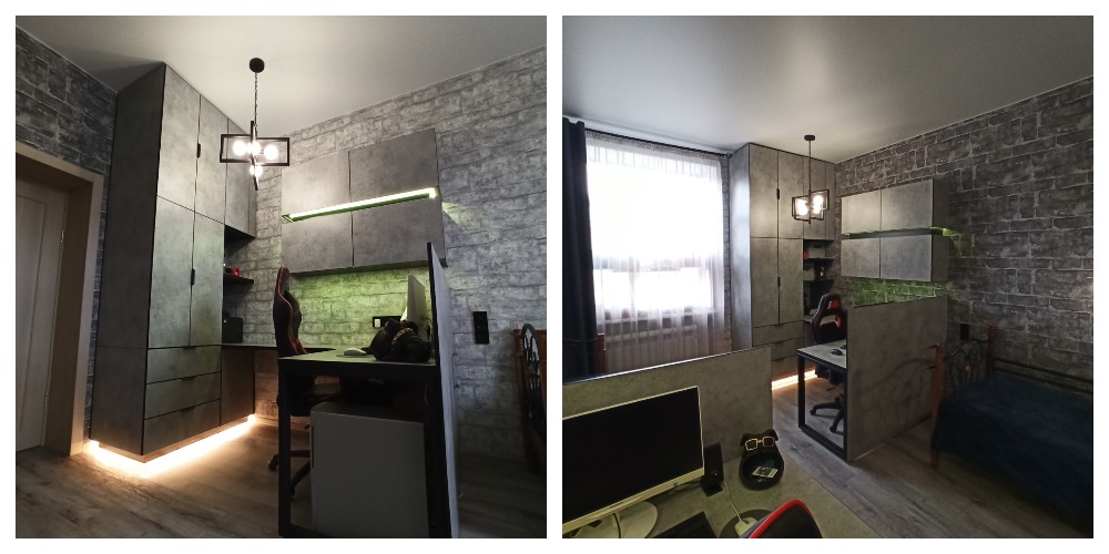 Два угловых стола в детской комнате для двоих детей