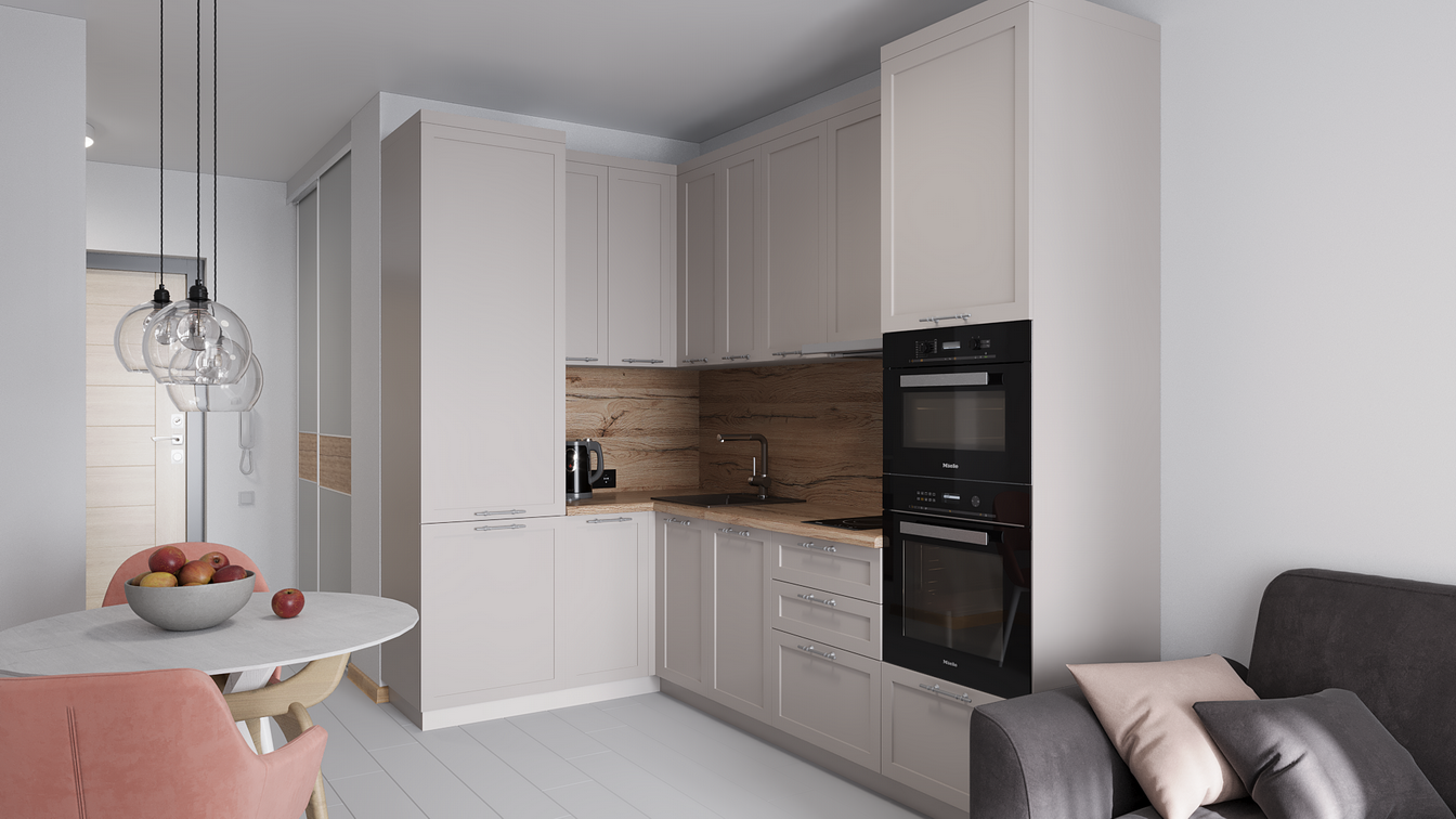 Светлый кухонный гарнитур в стиле неоклассика на заказ для совмещенной кухни-гостиной